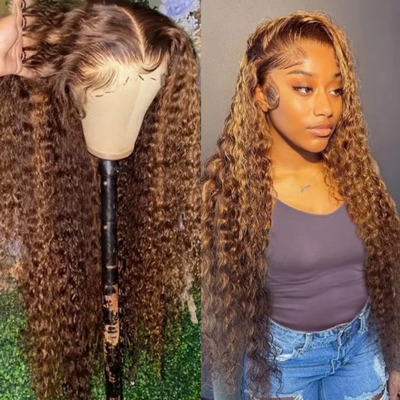 30 INCH 180% Density Highlight Ombre 13x4 Curly Human Hairfor Woman